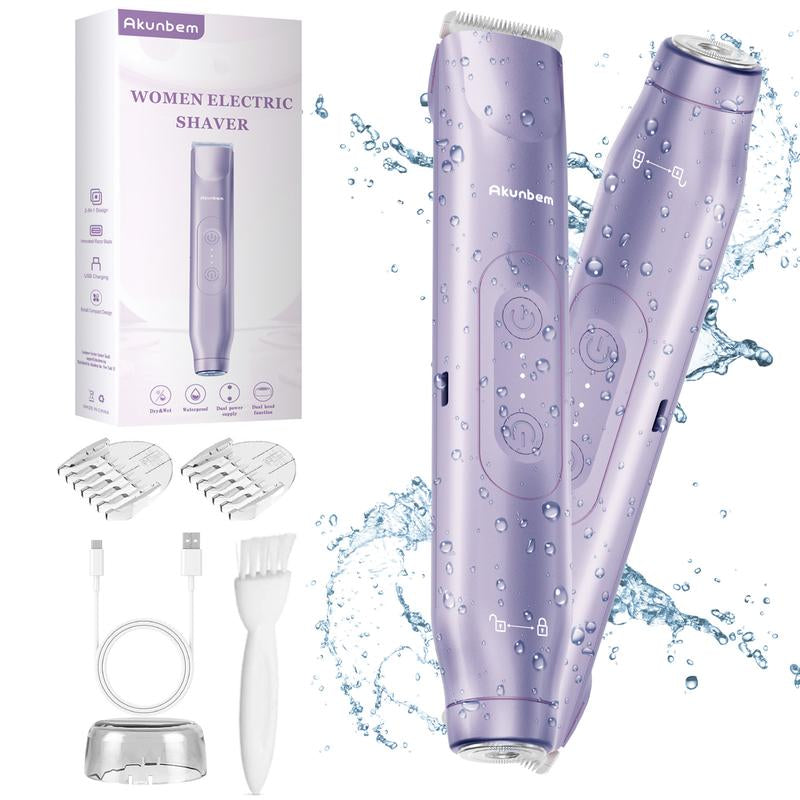 Akunbem Bikini Trimmer for Women, Electric Shaver and Razor Rechargeable 2-In-1 Body and Facial Epilator, Dual Heads for Painless Trimming of Pubic Hair, Face, Underarms and Legs, Summer Gift