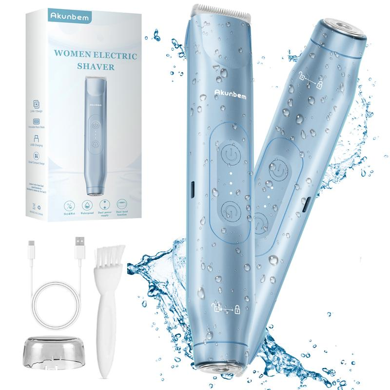 Akunbem Bikini Trimmer for Women, Electric Shaver and Razor Rechargeable 2-In-1 Body and Facial Epilator, Dual Heads for Painless Trimming of Pubic Hair, Face, Underarms and Legs, Summer Gift