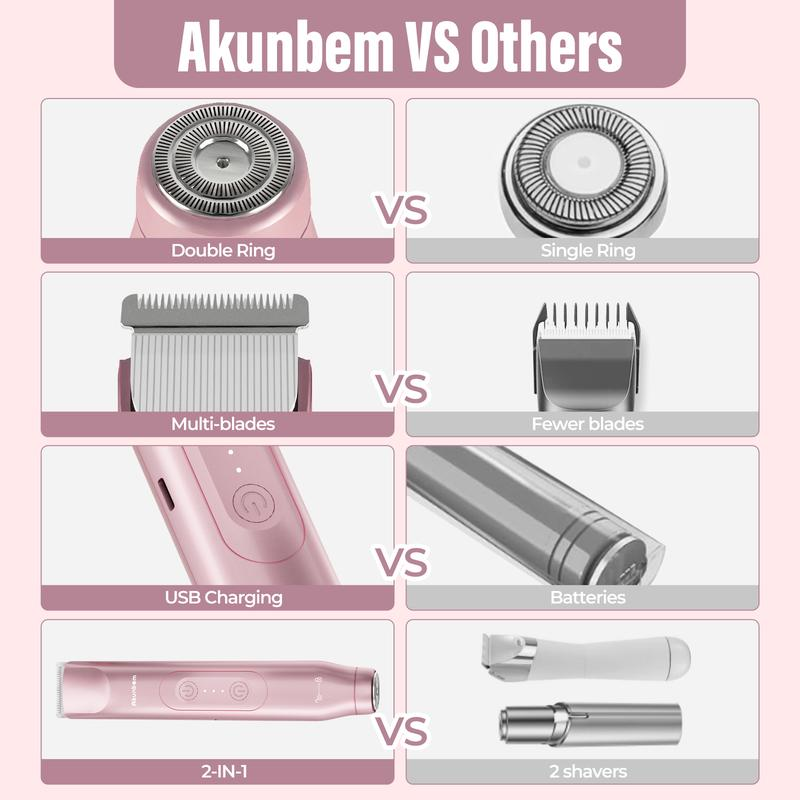 Akunbem Bikini Trimmer for Women, Electric Shaver and Razor Rechargeable 2-In-1 Body and Facial Epilator, Dual Heads for Painless Trimming of Pubic Hair, Face, Underarms and Legs, Summer Gift