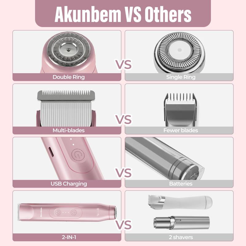 Akunbem Bikini Trimmer for Women, Electric Shaver and Razor Rechargeable 2-In-1 Body and Facial Epilator, Dual Heads for Painless Trimming of Pubic Hair, Face, Underarms and Legs, Summer Gift