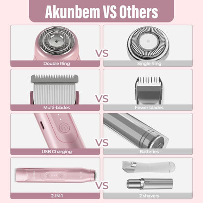 Akunbem Bikini Trimmer for Women, Electric Shaver and Razor Rechargeable 2-In-1 Body and Facial Epilator, Dual Heads for Painless Trimming of Pubic Hair, Face, Underarms and Legs, Summer Gift