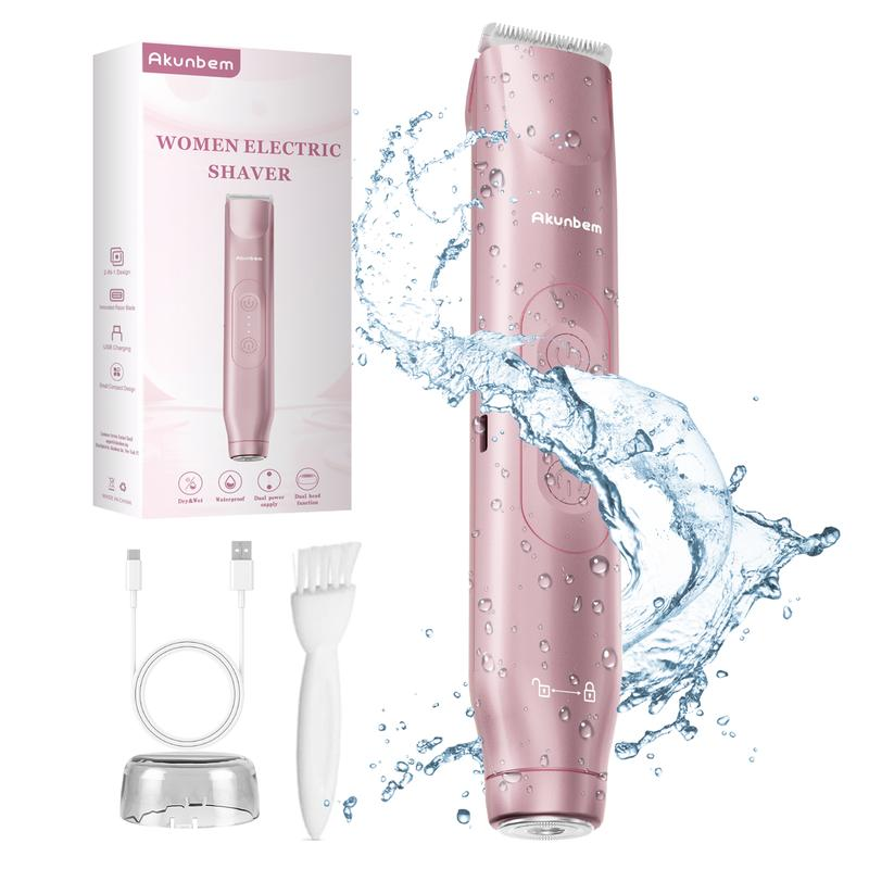 Akunbem Bikini Trimmer for Women, Electric Shaver and Razor Rechargeable 2-In-1 Body and Facial Epilator, Dual Heads for Painless Trimming of Pubic Hair, Face, Underarms and Legs, Summer Gift