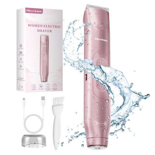 Akunbem Bikini Trimmer for Women, Electric Shaver and Razor Rechargeable 2-In-1 Body and Facial Epilator, Dual Heads for Painless Trimming of Pubic Hair, Face, Underarms and Legs, Summer Gift