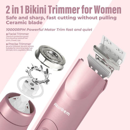 Akunbem Bikini Trimmer for Women, Electric Shaver and Razor Rechargeable 2-In-1 Body and Facial Epilator, Dual Heads for Painless Trimming of Pubic Hair, Face, Underarms and Legs, Summer Gift
