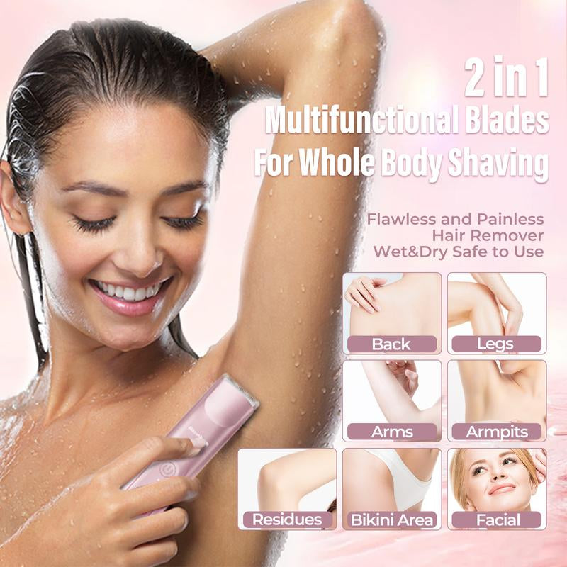 Akunbem Bikini Trimmer for Women, Electric Shaver and Razor Rechargeable 2-In-1 Body and Facial Epilator, Dual Heads for Painless Trimming of Pubic Hair, Face, Underarms and Legs, Summer Gift