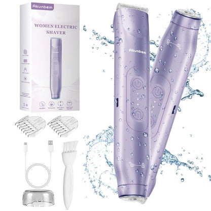 Akunbem Bikini Trimmer for Women, Electric Shaver and Razor Rechargeable 2-In-1 Body and Facial Epilator, Dual Heads for Painless Trimming of Pubic Hair, Face, Underarms and Legs, Summer Gift